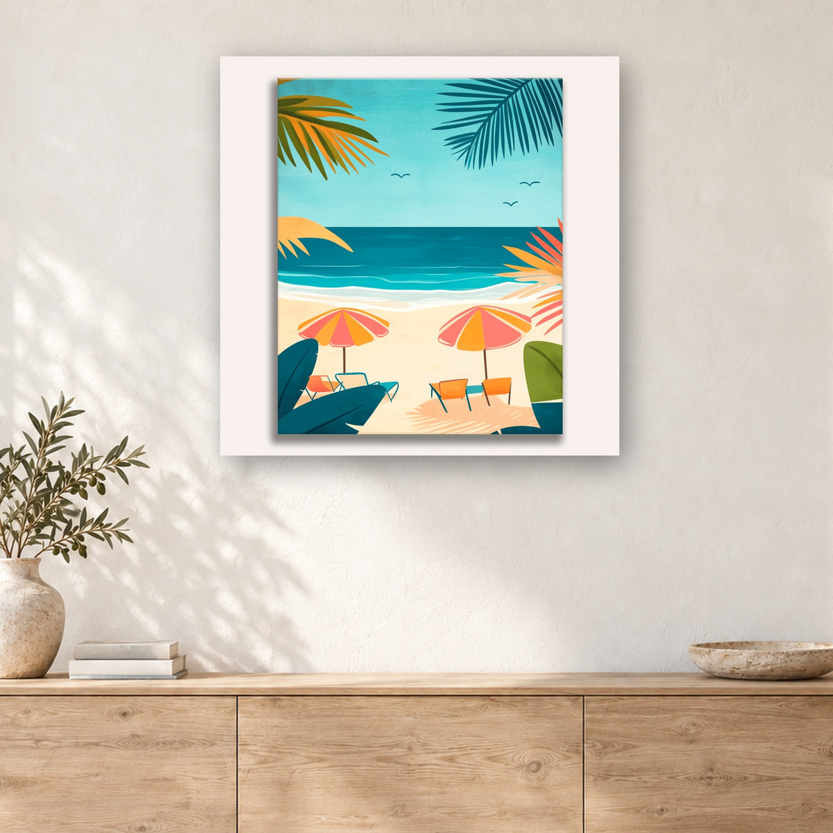 Tableau peinture par numéro Parasols et Palmes accroché dans un intérieur décoré, Maison Artsen