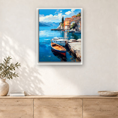 Tableau peinture par numéro Barques du Petit Port accroché dans un intérieur décoré, Maison Artsen