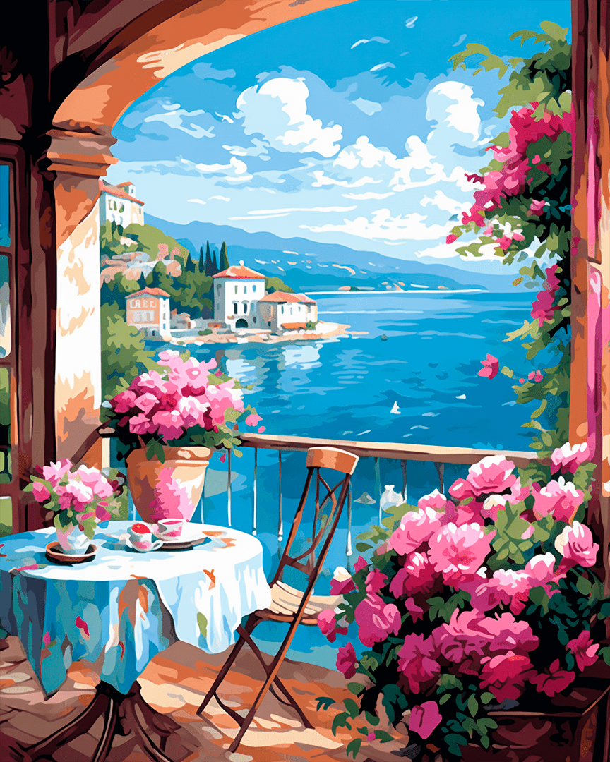 Peinture par numéro adulte Terrasse Fleurie sur le Lac, visuel complet du design sur toile, Maison Artsen