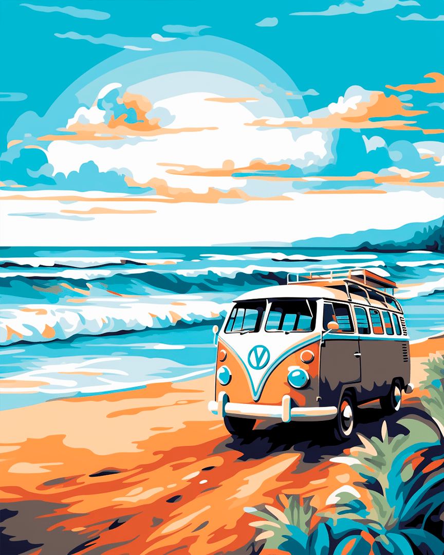 Peinture par numéro adulte Van de Surf sur la Plage, visuel complet du design sur toile, Maison Artsen