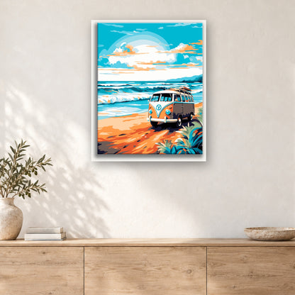 Tableau peinture par numéro Van de Surf sur la Plage accroché dans un intérieur décoré, Maison Artsen