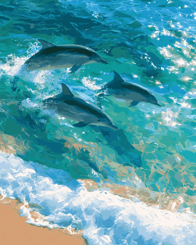 Peinture par numéro adulte Dauphins dans les Vagues, visuel complet du design sur toile, Maison Artsen