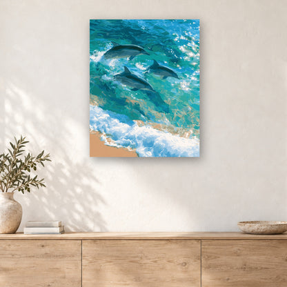 Tableau peinture par numéro Dauphins dans les Vagues accroché dans un intérieur décoré, Maison Artsen