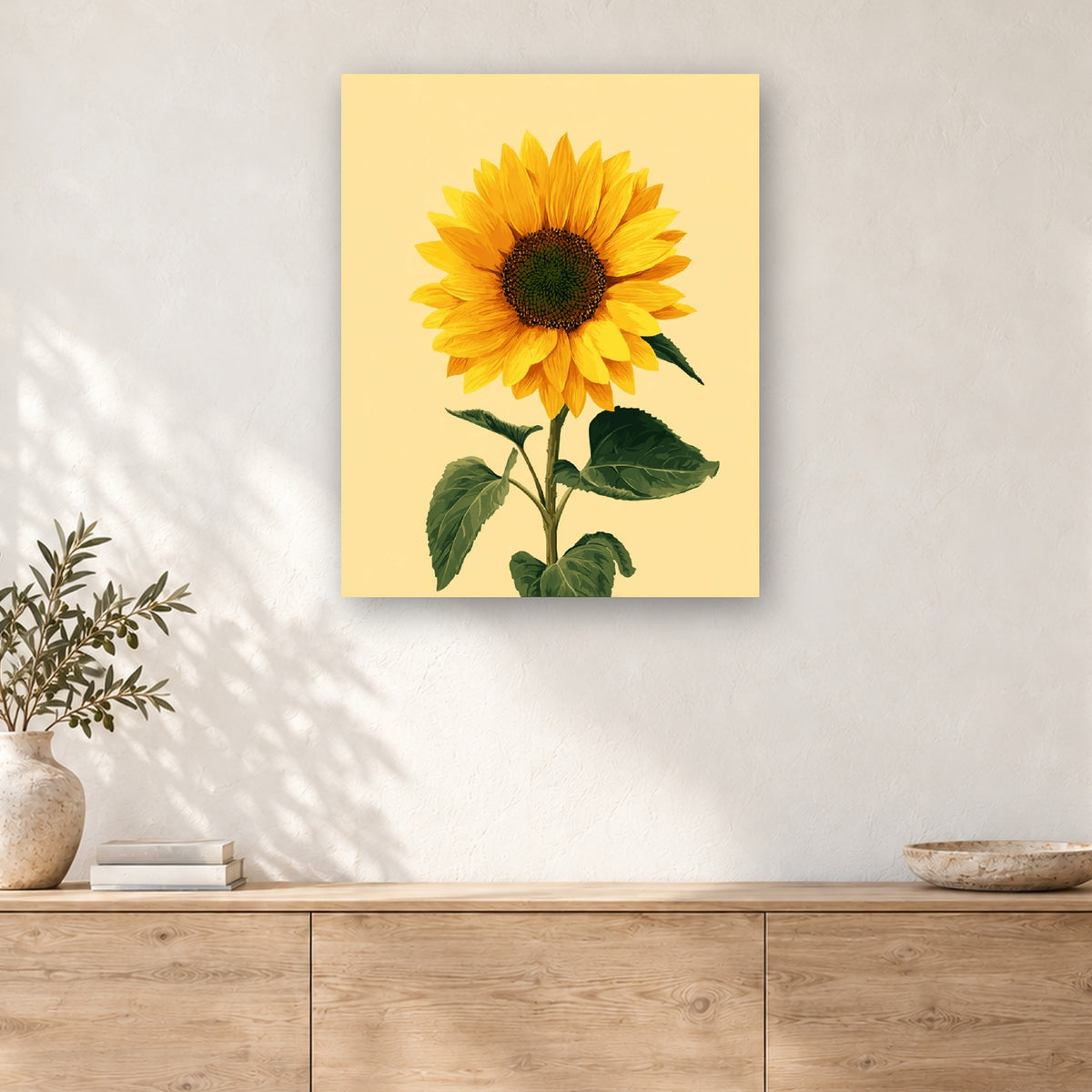 Tableau peinture par numéro Tournesol sur Fond Jaune accroché dans un intérieur décoré, Maison Artsen