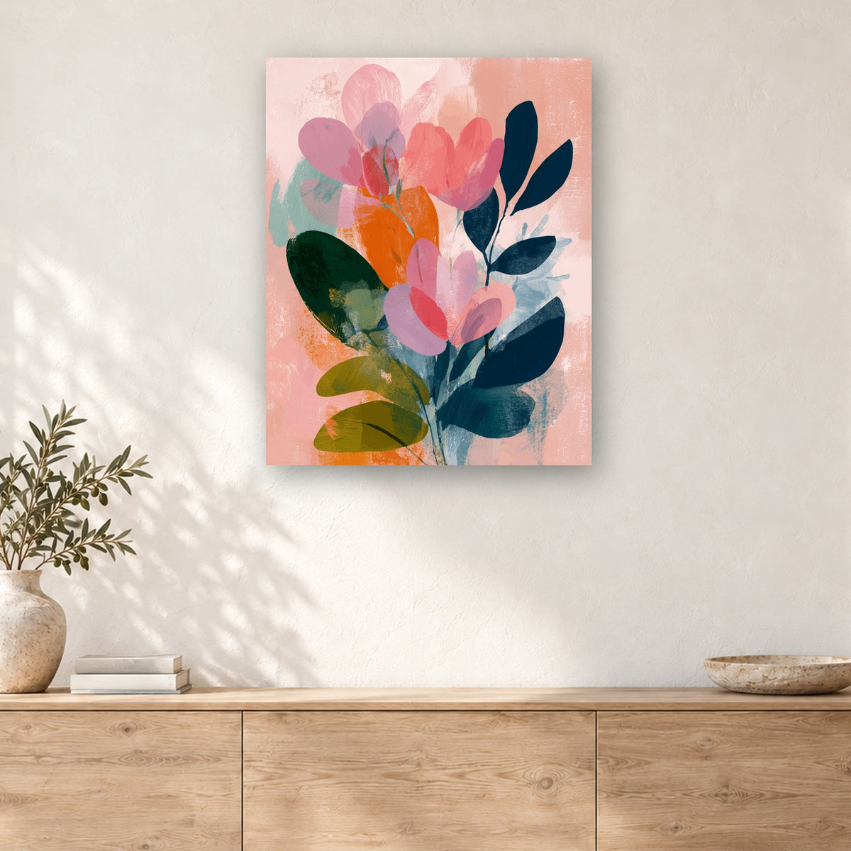 Tableau peinture par numéro Bouquet Moderne Rose et Marine accroché dans un intérieur décoré, Maison Artsen