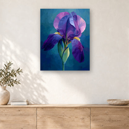 Tableau peinture par numéro Iris Violet sur Fond Bleu accroché dans un intérieur décoré, Maison Artsen