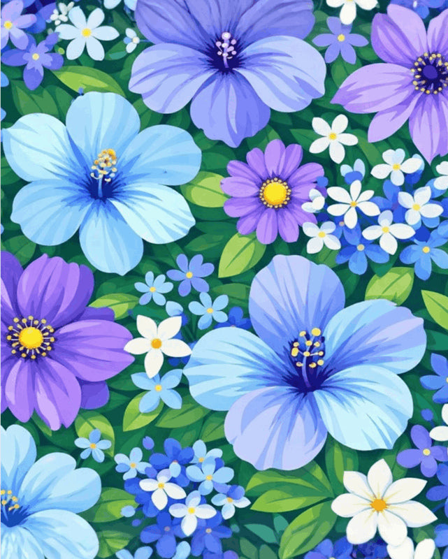 Peinture par numéro adulte Tapis de Fleurs Pervenche, visuel complet du design sur toile, Maison Artsen