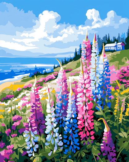 Peinture par numéro adulte Lupins Face à la Mer, visuel complet du design sur toile, Maison Artsen