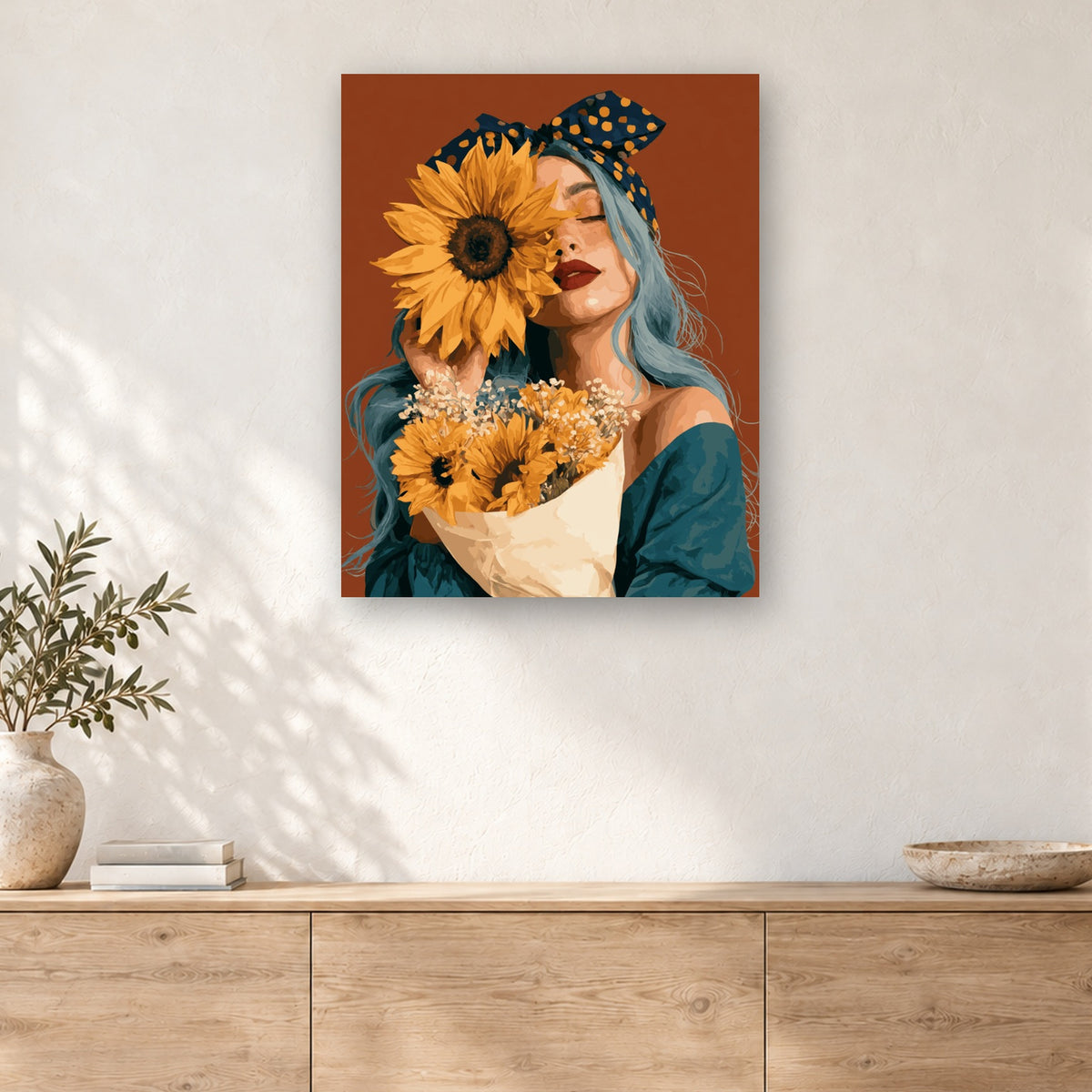 Tableau peinture par numéro Jeune Femme au Tournesol accroché dans un intérieur décoré, Maison Artsen
