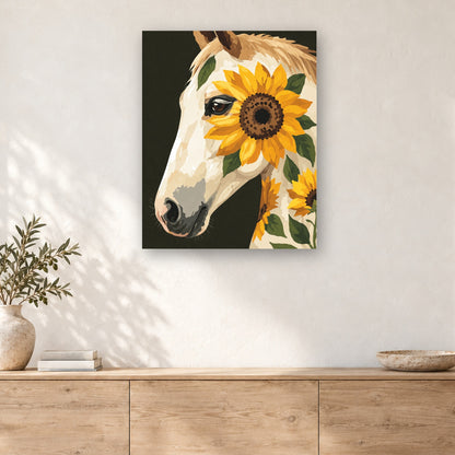 Tableau peinture par numéro Cheval Blanc aux Tournesols accroché dans un intérieur décoré, Maison Artsen