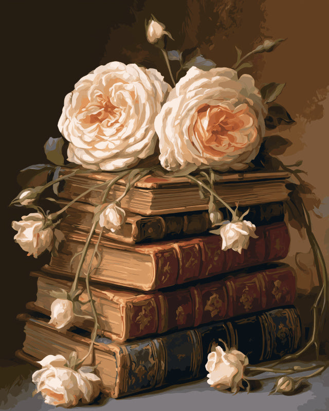 Peinture par numéro adulte Roses Crème sur Vieux Livres, visuel complet du design sur toile, Maison Artsen