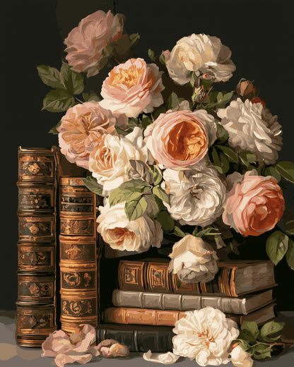 Peinture par numéro adulte Roses Anciennes et Reliures Dorées, visuel complet du design sur toile, Maison Artsen