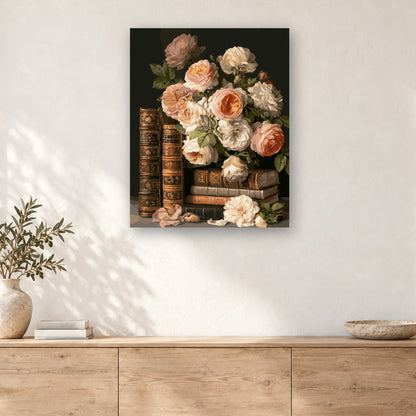 Tableau peinture par numéro Roses Anciennes et Reliures Dorées accroché dans un intérieur décoré, Maison Artsen