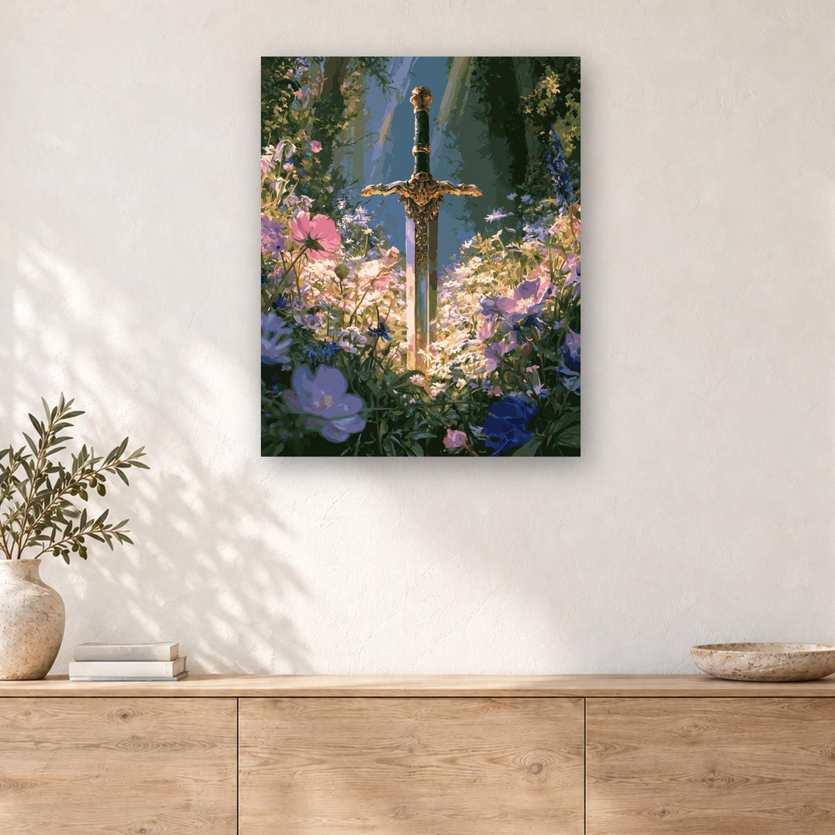 Tableau peinture par numéro Épée dans la Clairière accroché dans un intérieur décoré, Maison Artsen