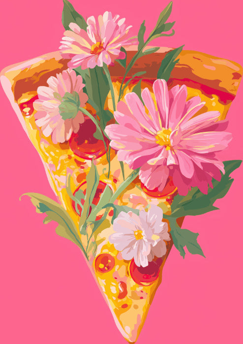 Peinture par numéro adulte Part de Pizza Fleurie, visuel complet du design sur toile, Maison Artsen