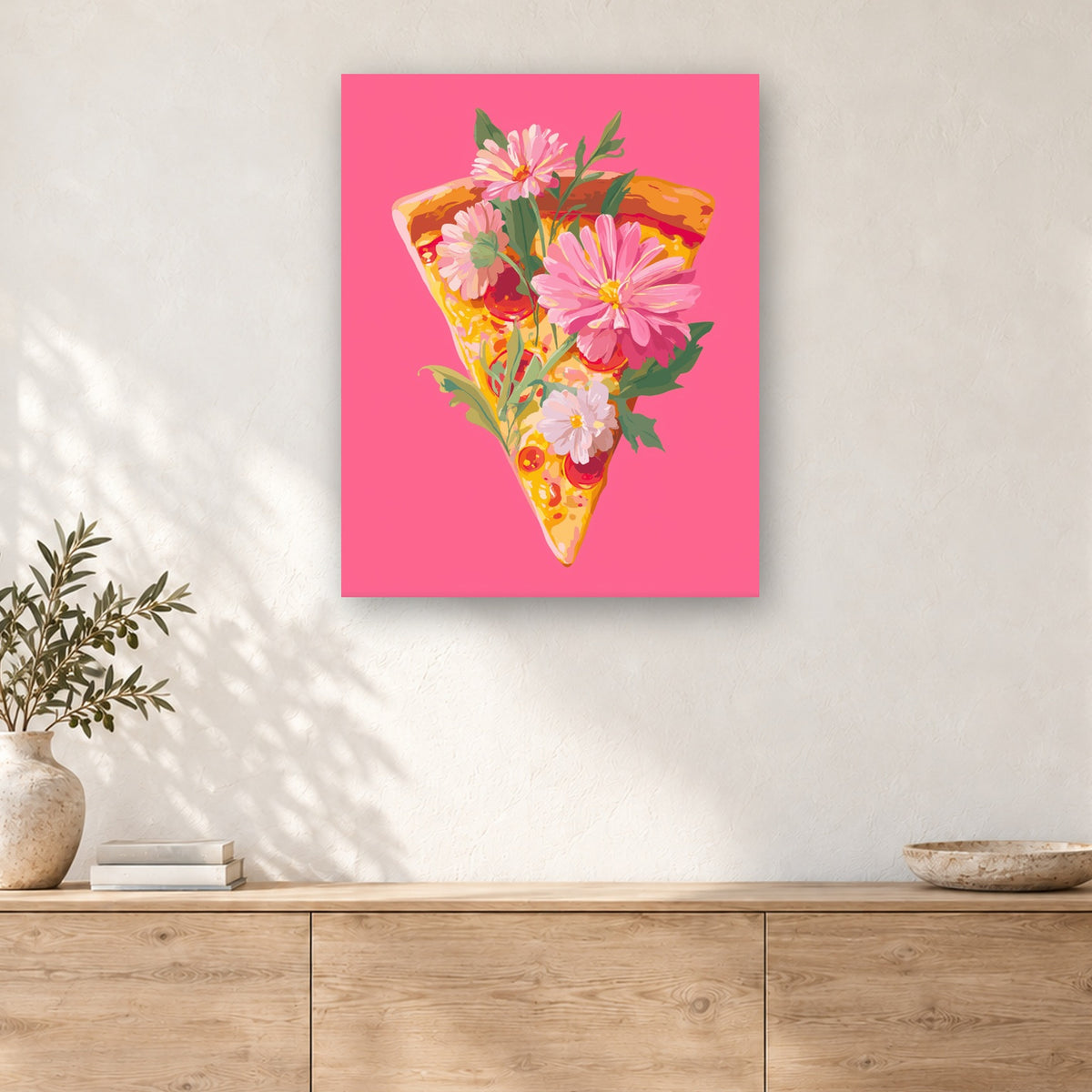 Tableau peinture par numéro Part de Pizza Fleurie accroché dans un intérieur décoré, Maison Artsen