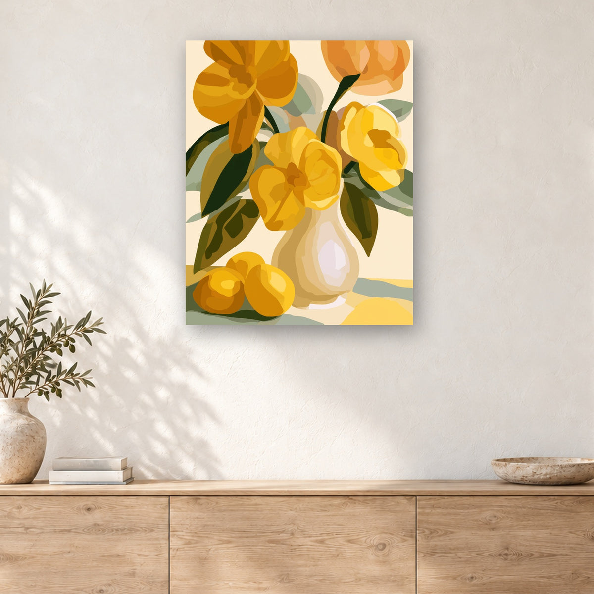 Tableau peinture par numéro Fleurs Jaunes et Citrons accroché dans un intérieur décoré, Maison Artsen