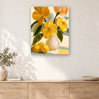 Tableau peinture par numéro Fleurs Jaunes et Citrons accroché dans un intérieur décoré, Maison Artsen