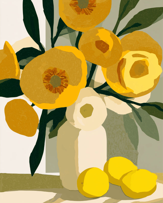 Peinture par numéro adulte Pavots Dorés et Citrons, visuel complet du design sur toile, Maison Artsen