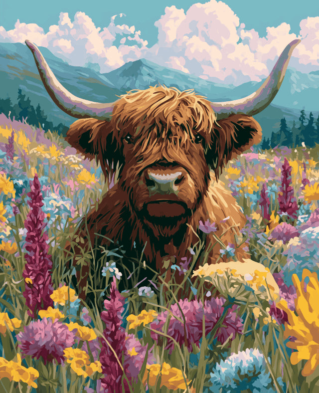 Peinture par numéro adulte Vache Highland dans la Prairie, visuel complet du design sur toile, Maison Artsen