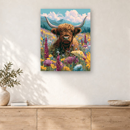 Tableau peinture par numéro Vache Highland dans la Prairie accroché dans un intérieur décoré, Maison Artsen