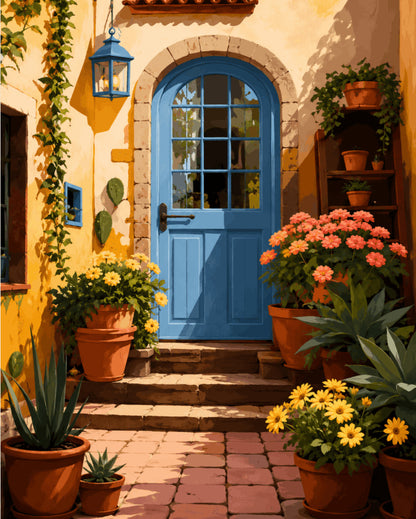 Peinture par numéro adulte Patio à la Porte Bleue, visuel complet du design sur toile, Maison Artsen