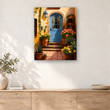 Tableau peinture par numéro Patio à la Porte Bleue accroché dans un intérieur décoré, Maison Artsen