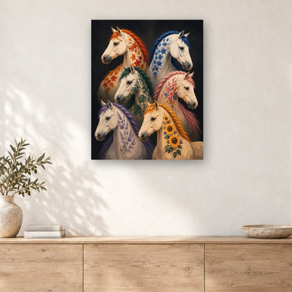 Tableau peinture par numéro Chevaux Ornés de Fleurs accroché dans un intérieur décoré, Maison Artsen