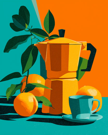 Peinture par numéro adulte Cafetière et Oranges, visuel complet du design sur toile, Maison Artsen