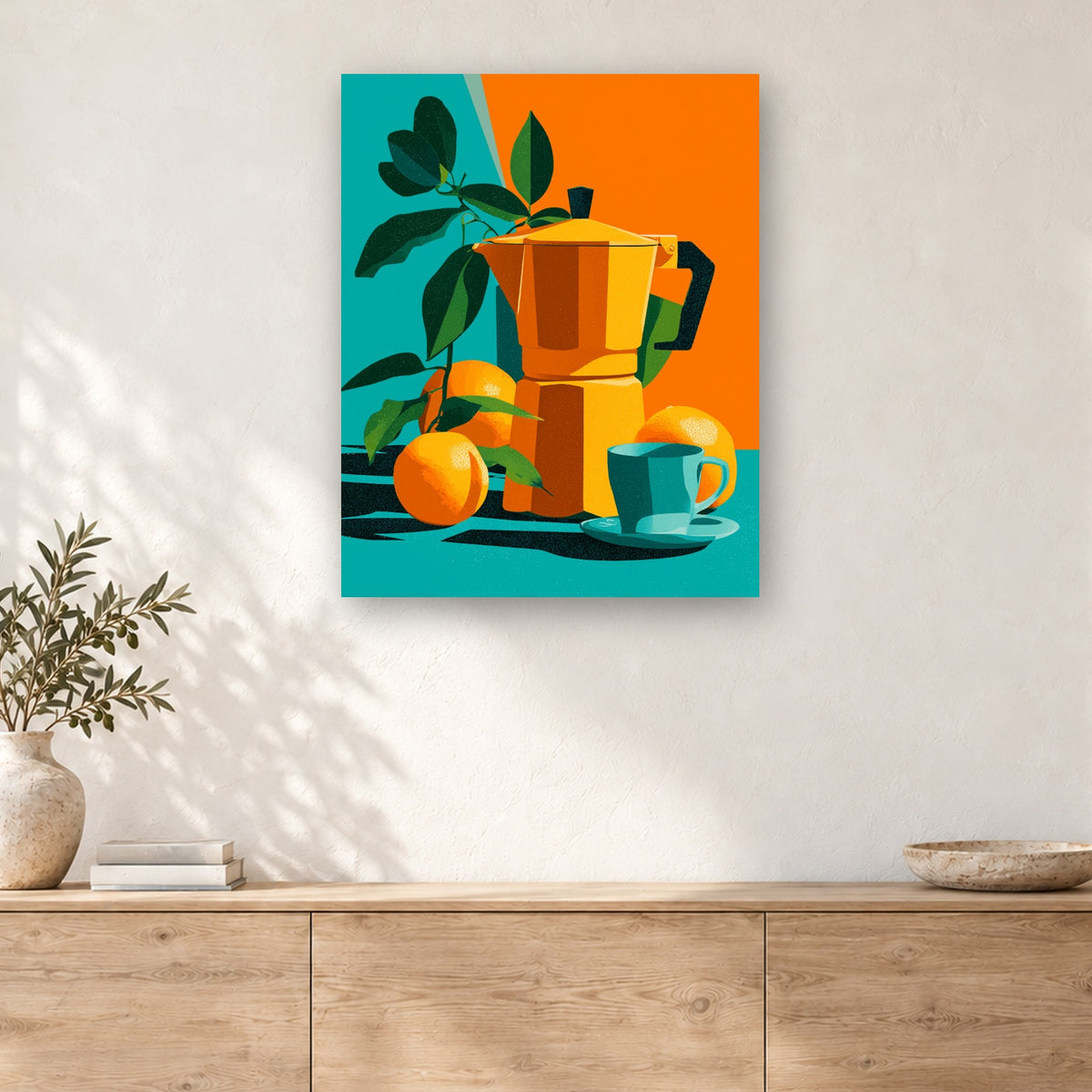 Tableau peinture par numéro Cafetière et Oranges accroché dans un intérieur décoré, Maison Artsen