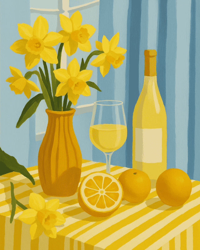 Peinture par numéro adulte Jonquilles et Vin Blanc, visuel complet du design sur toile, Maison Artsen