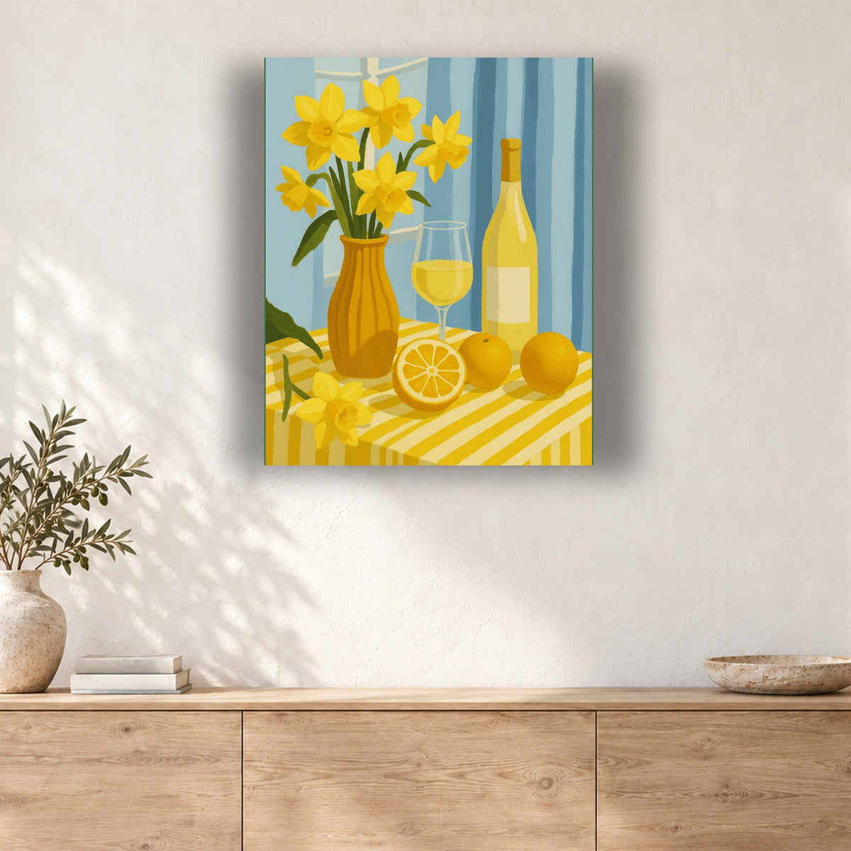 Tableau peinture par numéro Jonquilles et Vin Blanc accroché dans un intérieur décoré, Maison Artsen