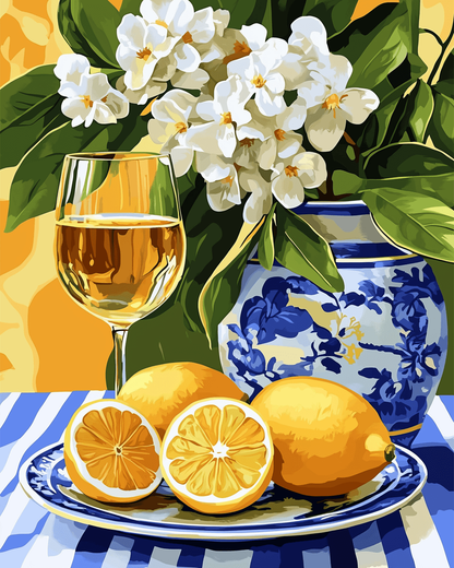 Peinture par numéro adulte Porcelaine Bleue et Citrons, visuel complet du design sur toile, Maison Artsen