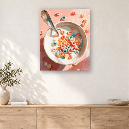 Tableau peinture par numéro Bol de Céréales Arc-en-Ciel accroché dans un intérieur décoré, Maison Artsen