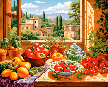 Peinture par numéro adulte Tomates et Collines Toscanes, visuel complet du design sur toile, Maison Artsen