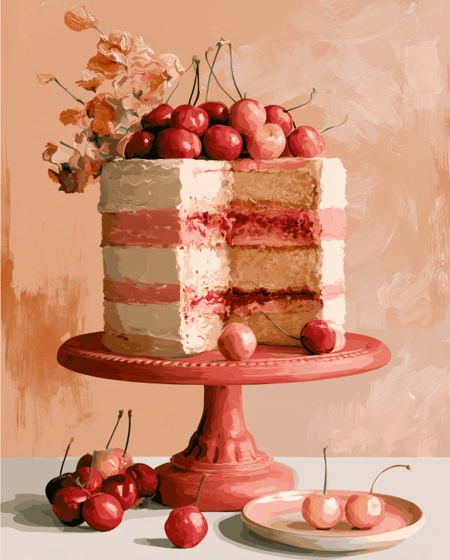 Peinture par numéro adulte Gâteau aux Cerises, visuel complet du design sur toile, Maison Artsen