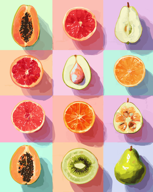 Peinture par numéro adulte Damier de Fruits Pastel, visuel complet du design sur toile, Maison Artsen