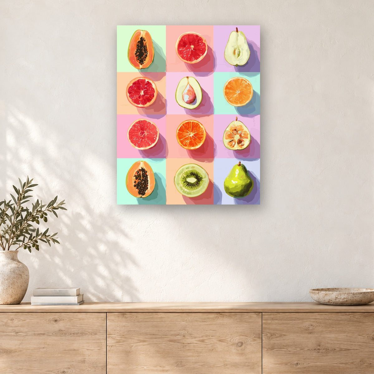 Tableau peinture par numéro Damier de Fruits Pastel accroché dans un intérieur décoré, Maison Artsen