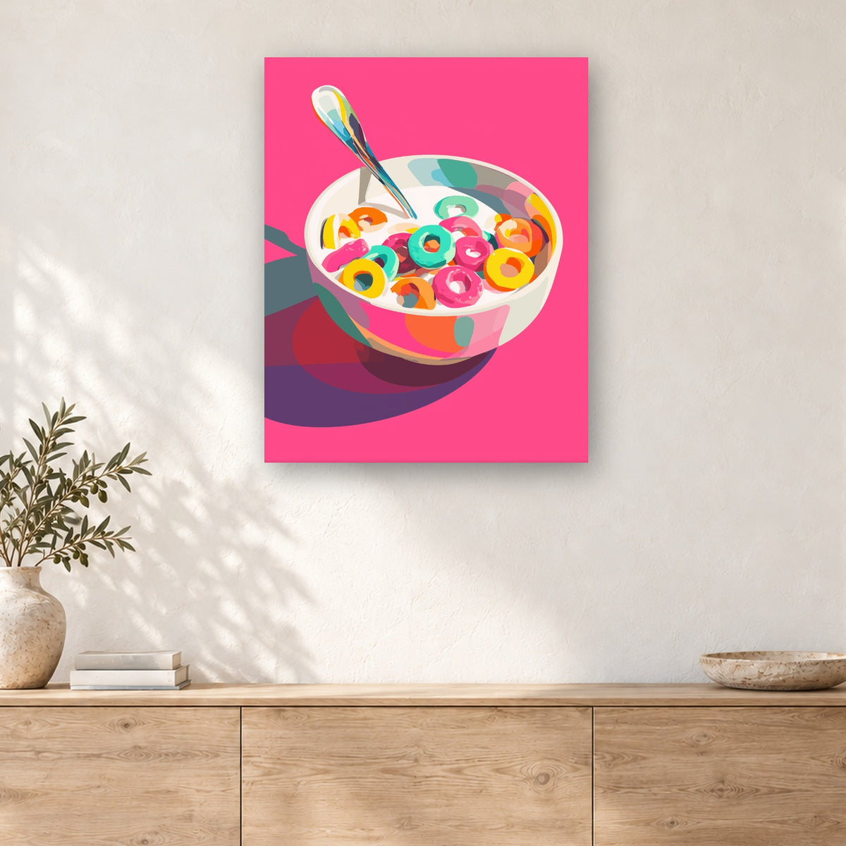 Tableau peinture par numéro Céréales sur Fond Fuchsia accroché dans un intérieur décoré, Maison Artsen