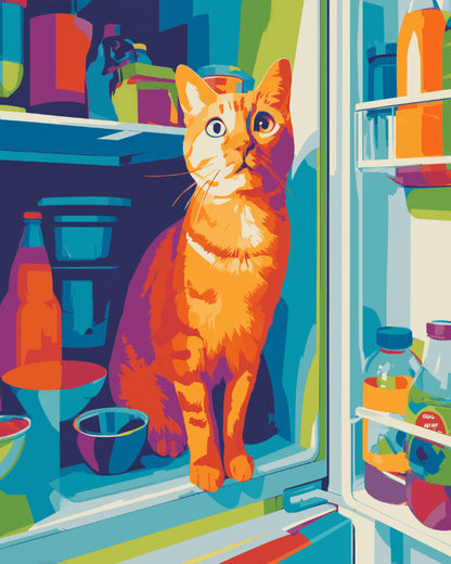 Peinture par numéro adulte Chat dans le Frigo, visuel complet du design sur toile, Maison Artsen