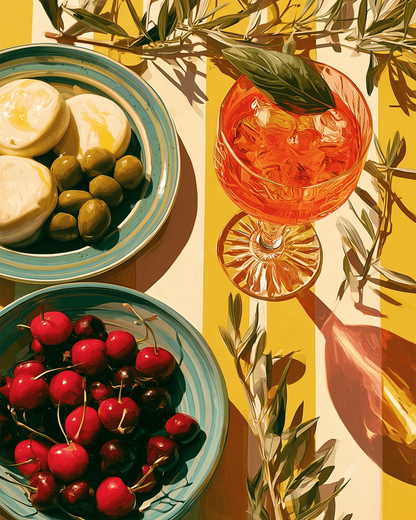 Peinture par numéro adulte Apéro Olives et Cerises, visuel complet du design sur toile, Maison Artsen