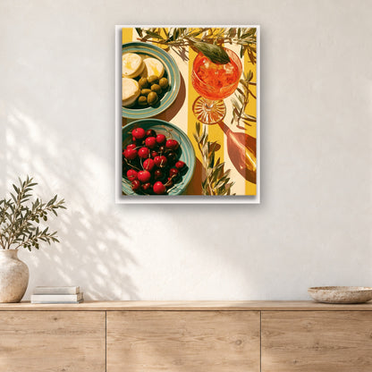 Tableau peinture par numéro Apéro Olives et Cerises accroché dans un intérieur décoré, Maison Artsen