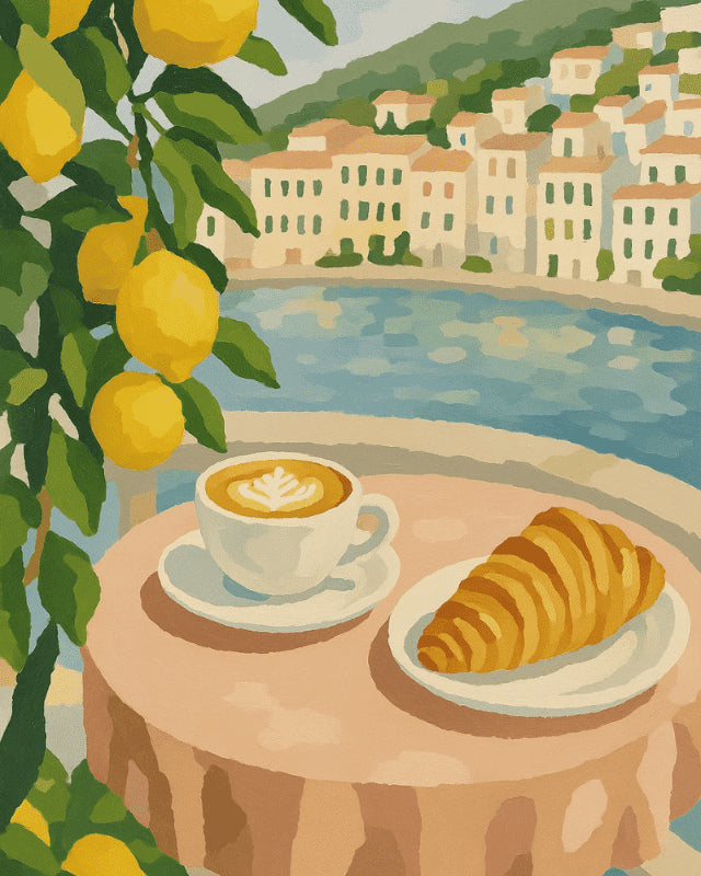Peinture par numéro adulte Cappuccino Face à la Baie, visuel complet du design sur toile, Maison Artsen