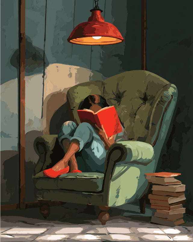 Peinture par numéro adulte Livre Rouge au Fauteuil Vert, visuel complet du design sur toile, Maison Artsen