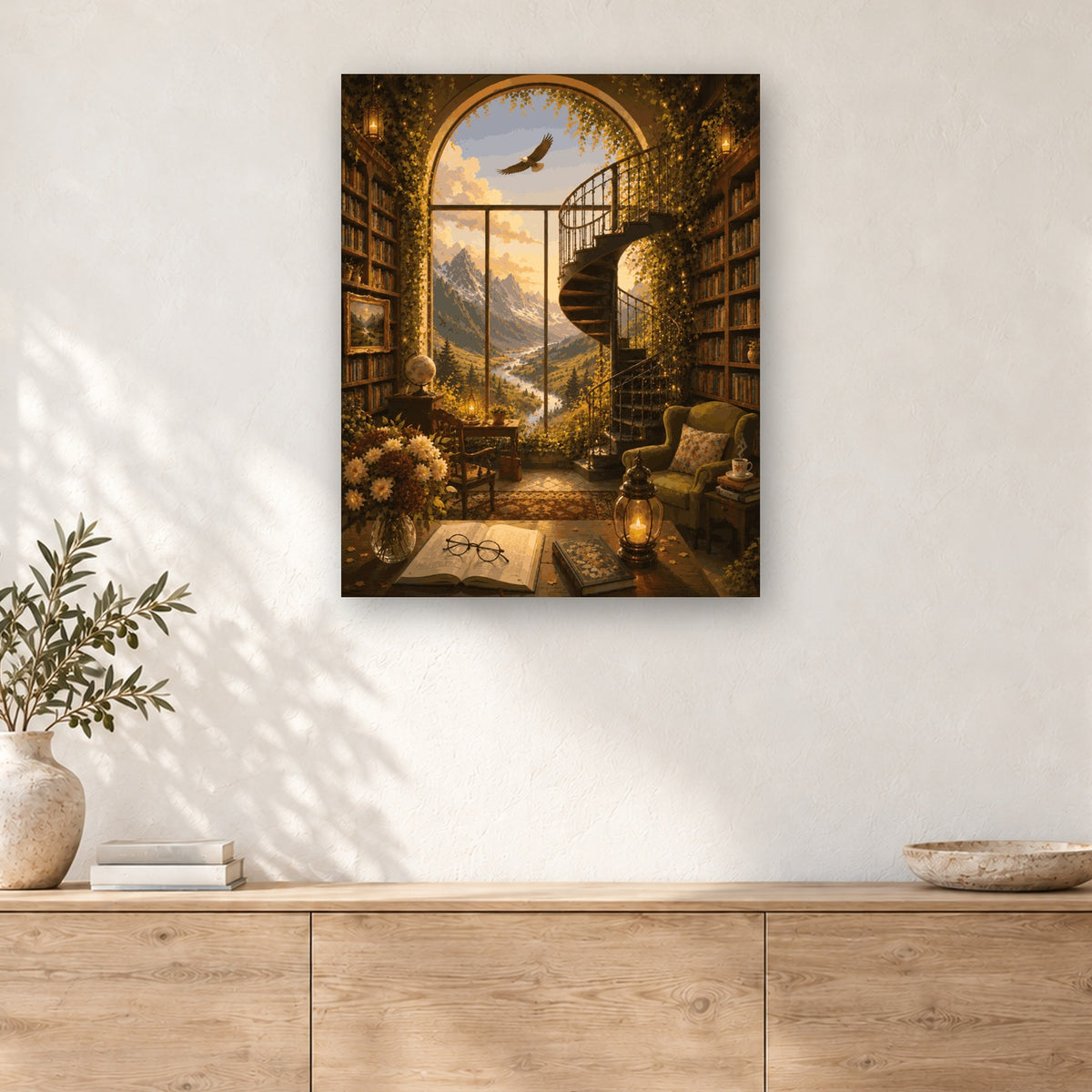 Tableau peinture par numéro Bibliothèque sur la Vallée accroché dans un intérieur décoré, Maison Artsen