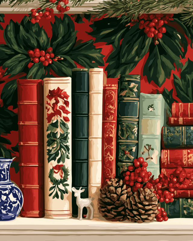 Peinture par numéro adulte Livres sous le Houx, visuel complet du design sur toile, Maison Artsen