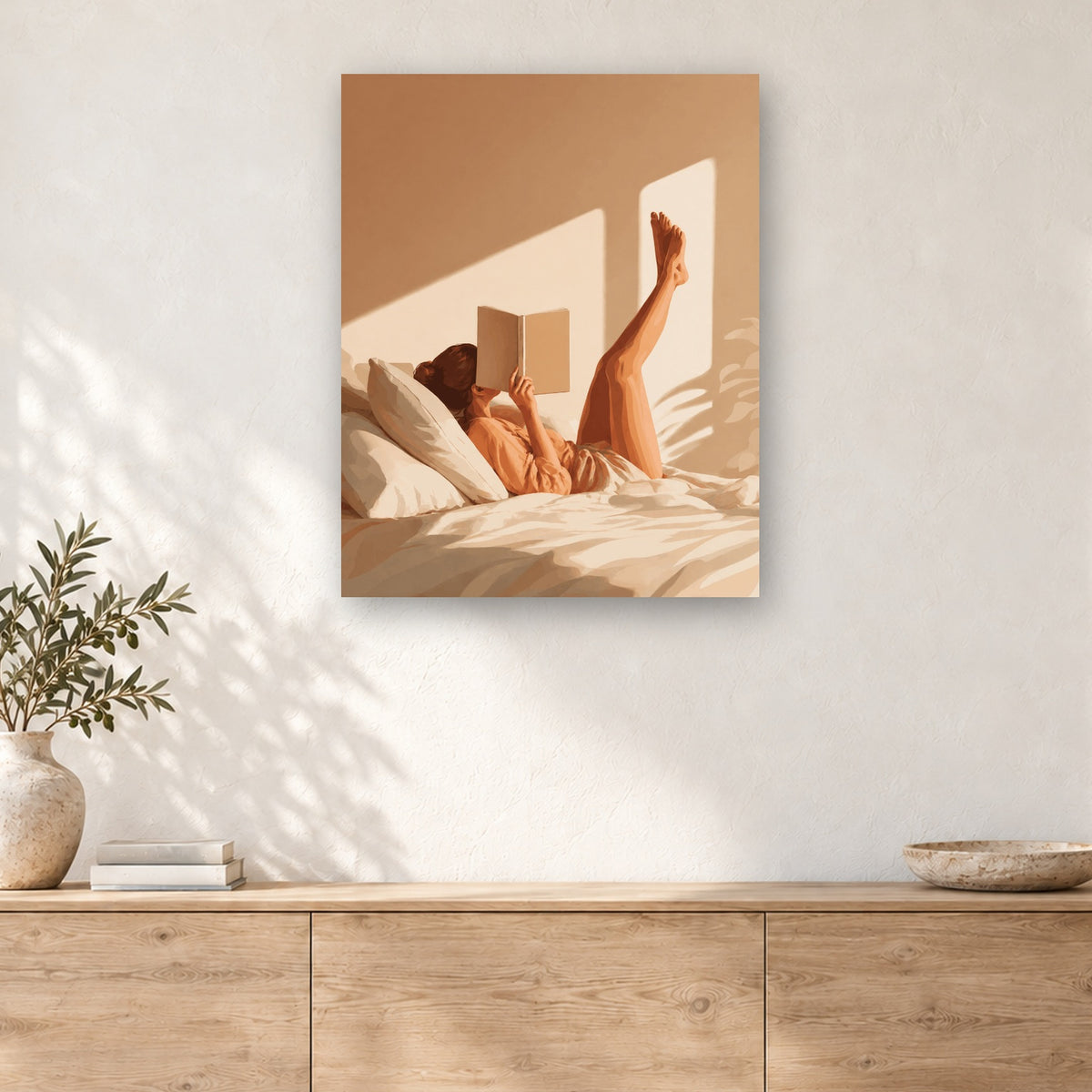 Tableau peinture par numéro Rayon de Soleil sur le Lit accroché dans un intérieur décoré, Maison Artsen