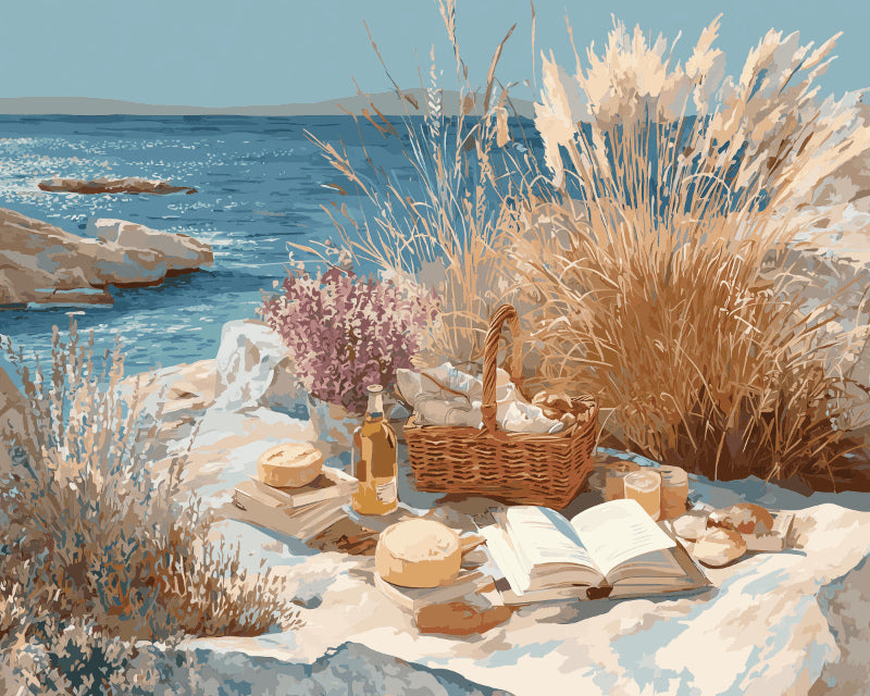 Peinture par numéro adulte Pique-nique Face à la Mer, visuel complet du design sur toile, Maison Artsen