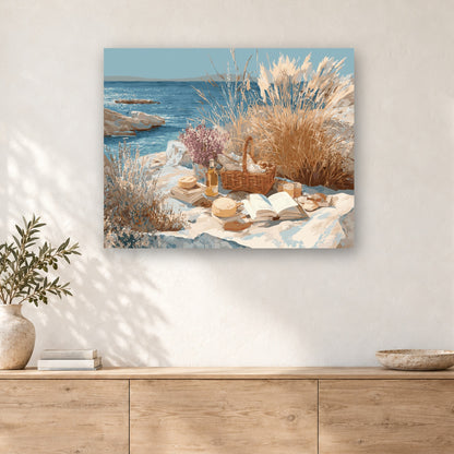 Tableau peinture par numéro Pique-nique Face à la Mer accroché dans un intérieur décoré, Maison Artsen