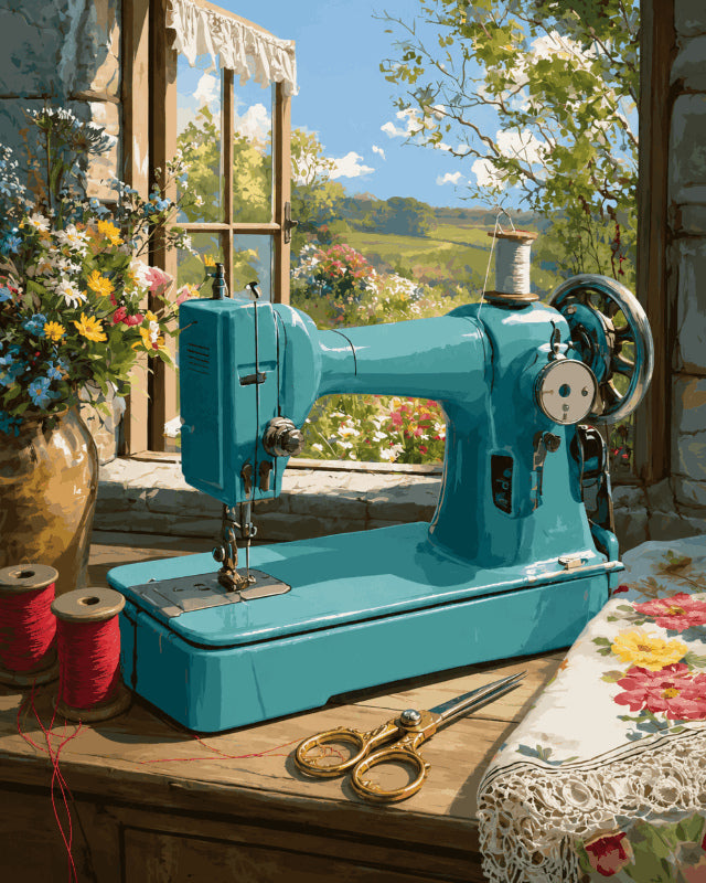 Peinture par numéro adulte Machine à Coudre Turquoise, visuel complet du design sur toile, Maison Artsen